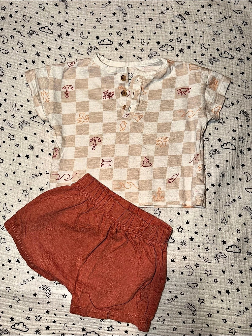 Cat & Jack Checkered Matching Set Orange & Cream Baby 6M-9M Like New